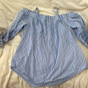 By X By off the shoulder spaghetti strap blue pinstripes XS